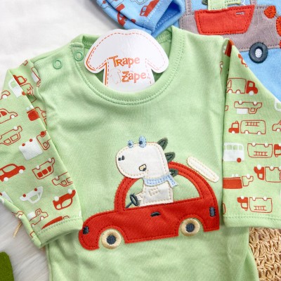 Kit 3 Peças - Bodys Manga Longa Dinos Motoristas - Off White, Azul e Verde
